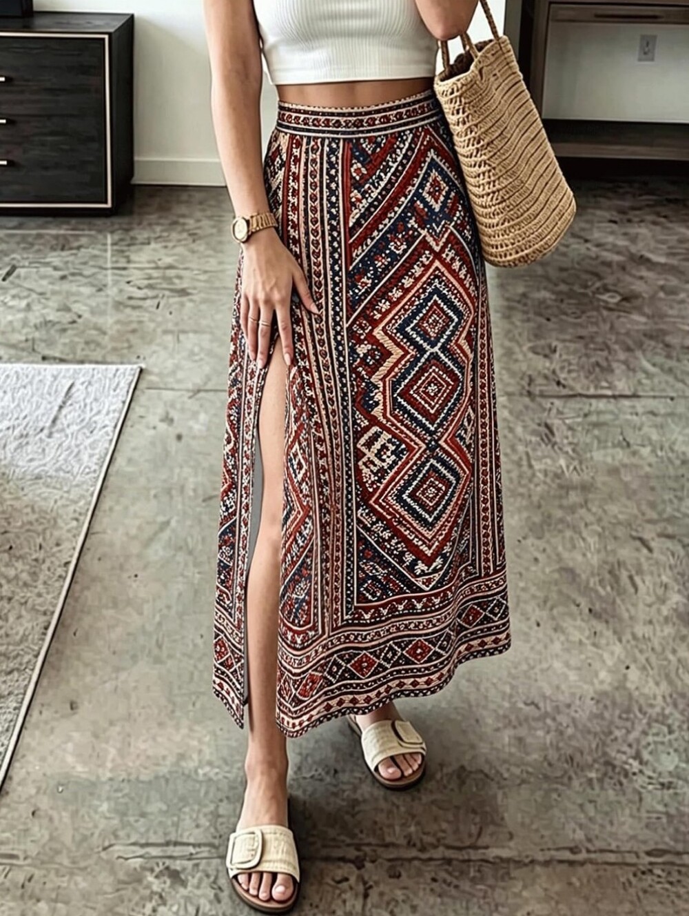 Retro Boho Geometric Midi Skirt with Side Slit - Red Multi Size Medium NIP